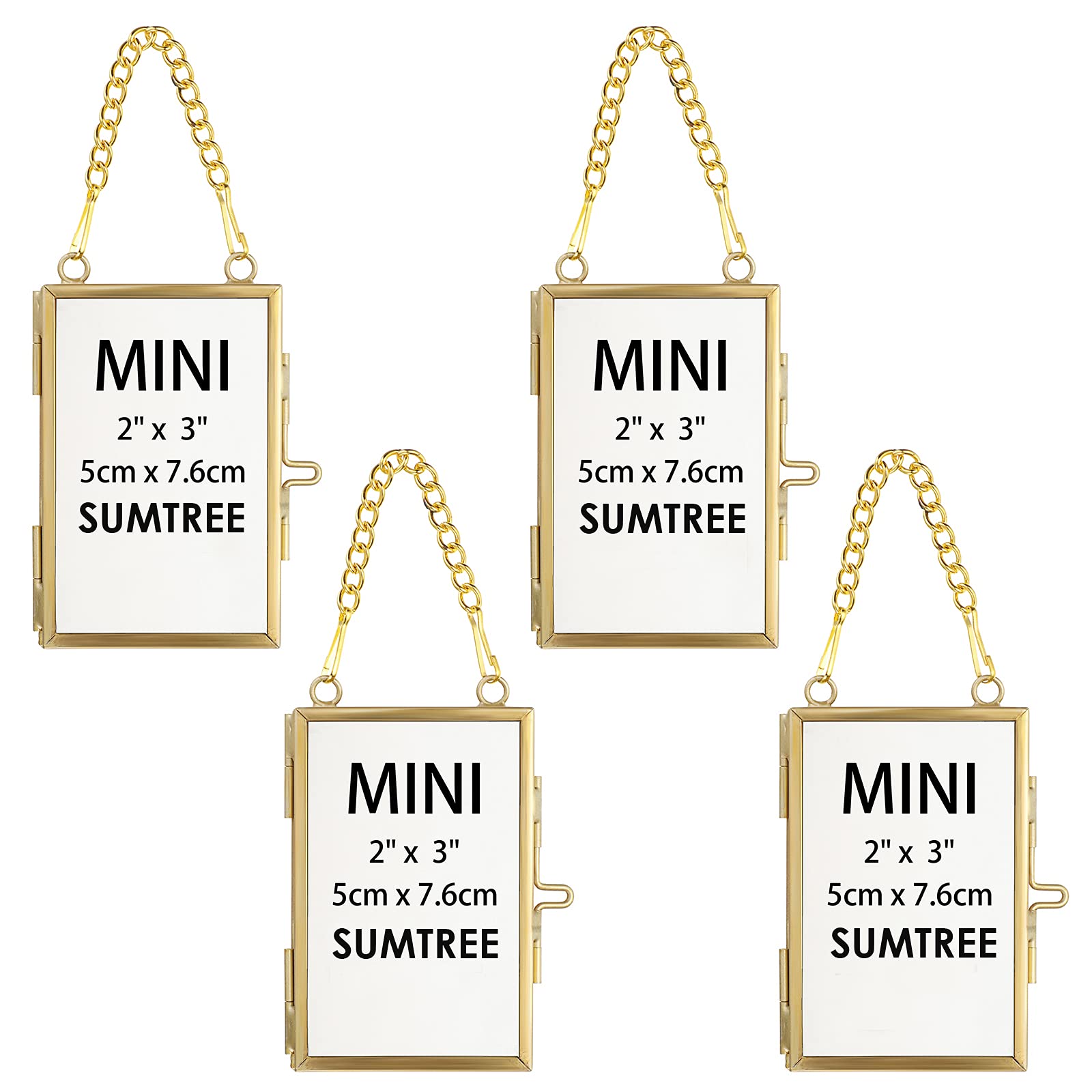 SUMTree Set of 4 Gold Glass Mini Hanging Photo Picture Display Frame, Floating Glass Picture Frame with Chain for Family Tree Mini Photo, Pressed Flower, collage, etc, 2x3 inch