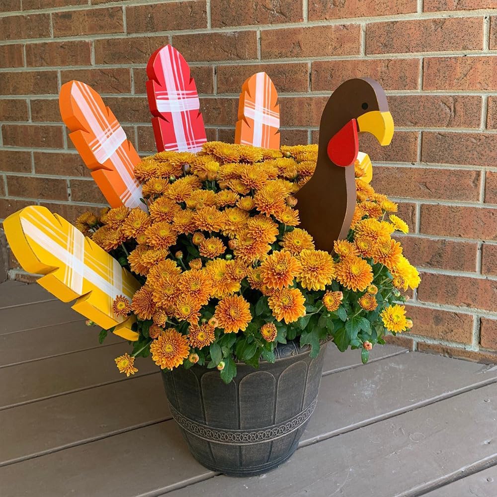 Decorative Garden Stakes - Wooden Turkey Decorative Garden Stakes for Flower Bed Decor, Funny Decorative Plant Stakes for Planters Flower Pot, Farmhouse Decorative Stakes for Summer Fall Thanksgiving Parties