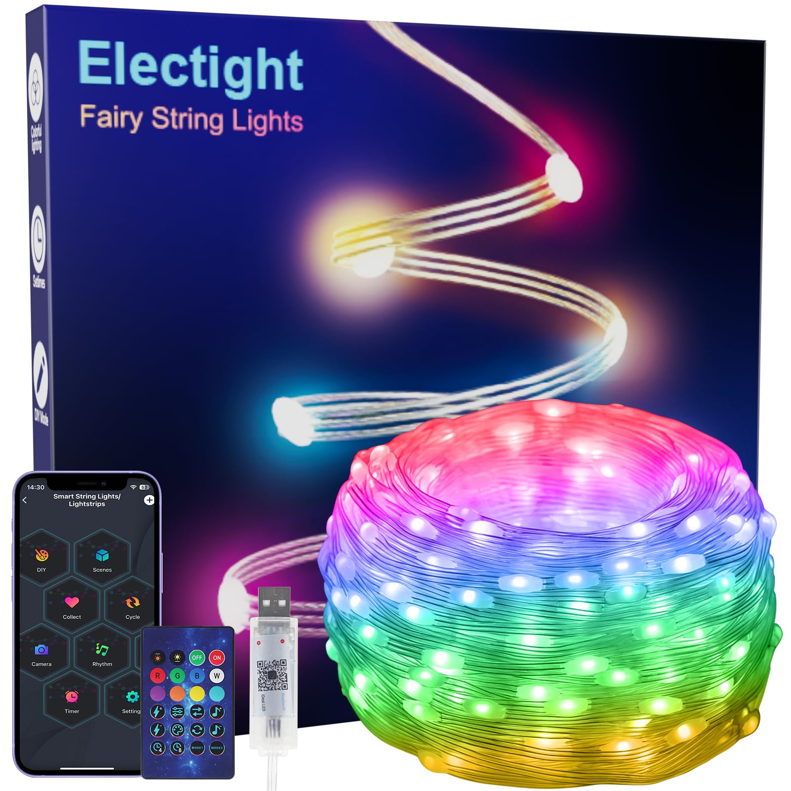 Electight 10M RGB Smart IC Fairy String Lights with Remote/APP Control, Multicolor Christmas Halloween Lights 100 LED, USB Powered& IP68 Waterproof, Music&Voice Control for Indoor & Outdoor Decor — image 1