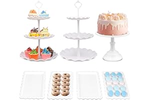 7 Pcs White Dessert Table Stand Set 1 Pcs Metal Cake Stand 2 Pcs 3-Tier Plastic Cupcake Stands Cookie Tray Rack Serving Tray 