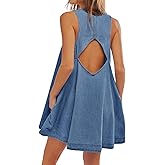 Vidifid Women's Sleeveless Casual Denim Dress Crewneck Vintage Babydoll Jean Mini Dresses with Pockets