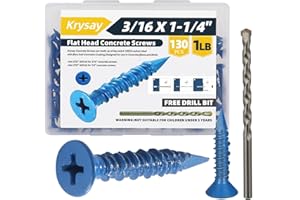 Krysay 130Pcs 3/16 x 1-1/4 in Concrete Screws with Drill bits,Masonry Screws for Concrete Assortment Kit,Flat Head Block Cement Stacoo Screws and Anchors,Diamond Point,Blue Coated(1LB)