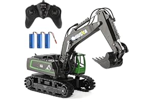 YAZHIYI RC Excavator Toy, 11CH Remote Control Excavator for Boys, Construction Toys Vehicle with 3 Batteries Metal Shovel, Birthday Gifts Ideas for Kids, 1:18 Scale Green (with Gift)