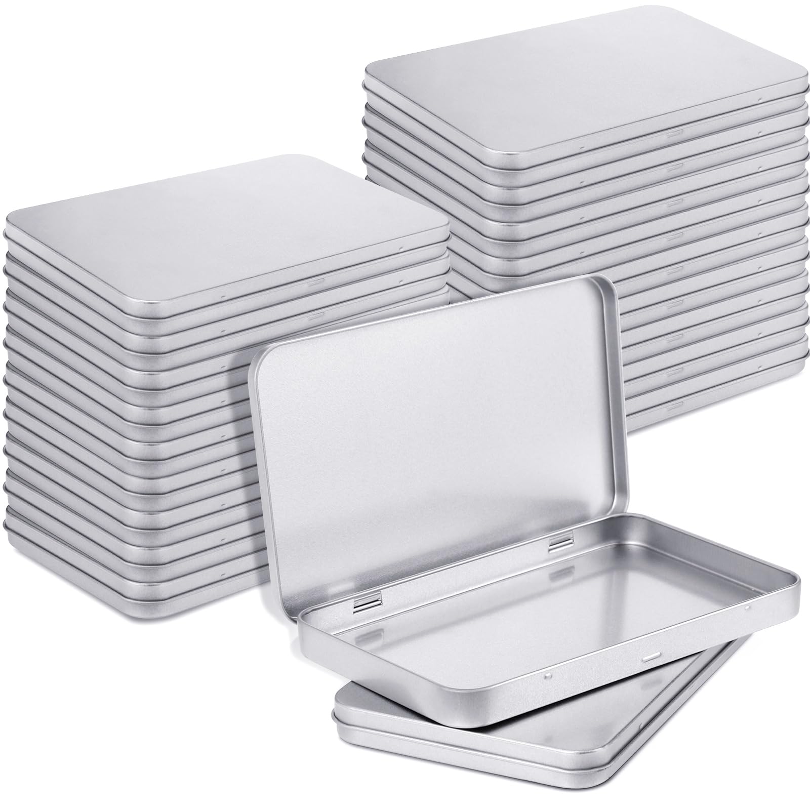 Photo 1 of Rectangular Metal Tin Box with Lid Metal Hinged Lid Tin Metal Empty Tin Box Container Silver Storage Tin Box for Watercolor Jewelry Pen Eraser Pill Candy Craft Organize 7 x 4.25 x 0.59''(20 Pieces)
