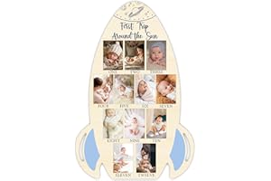 UIBOVA First Trip Around The Sun My First Year Photo Board, Baby Milestone Signs for Boys Girls Nursery Decor, 12 Month Wooden Picture Board for 2x3 Photos, Best Babies Keepsake Gifts-A29