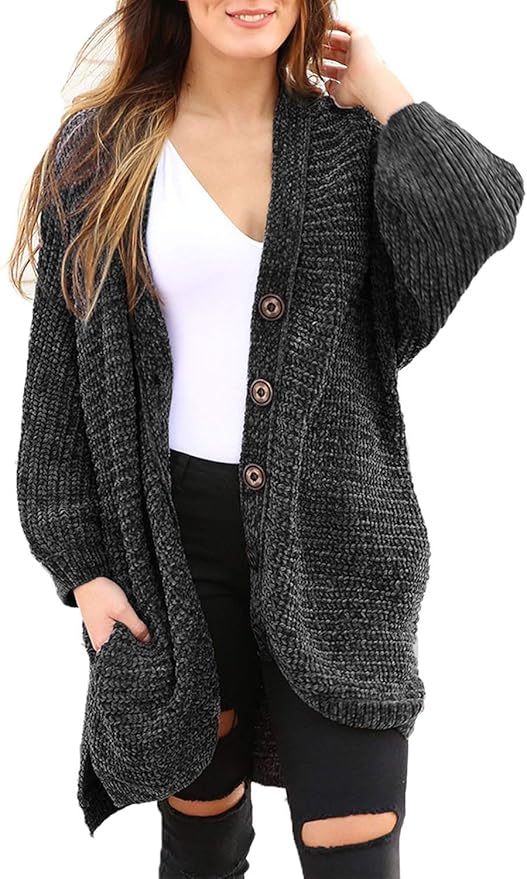 Sidefeel Women Button Down Chenille Sweater Coat Oversized Cardigan Outwear XX-Large Dark Grey 