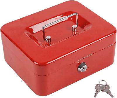 Ashley Housewares Metal Cash Box 20.5cm Red with Keys & Removable Tray