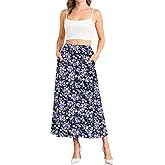 NILOUFO Women Trendy Maxi Skirts Casual High Waisted Elastic A-Line Long Skirt with Pockets