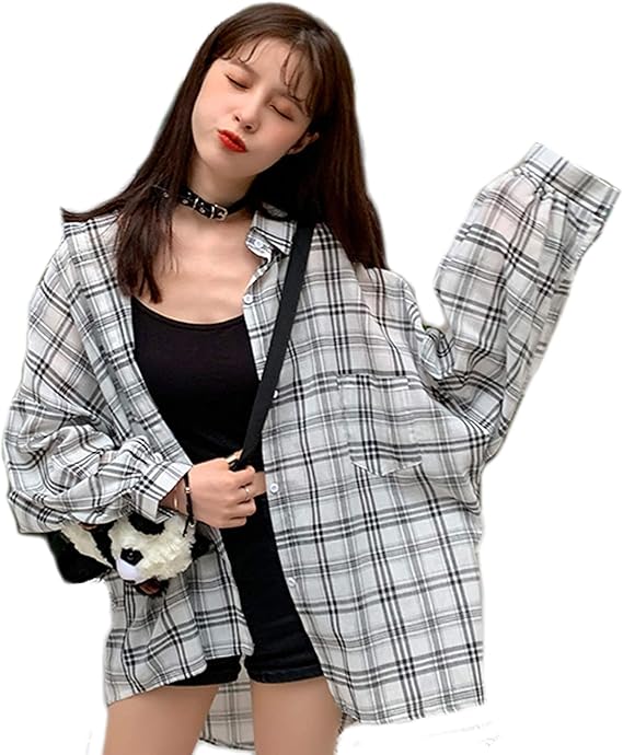 Amazon Bellecie レディース チェック柄 ビッグシャツ オルチャン 韓国ファッション オーバーサイズ ビッグ チェックシャツ St No グレー F シャツ ブラウス 通販