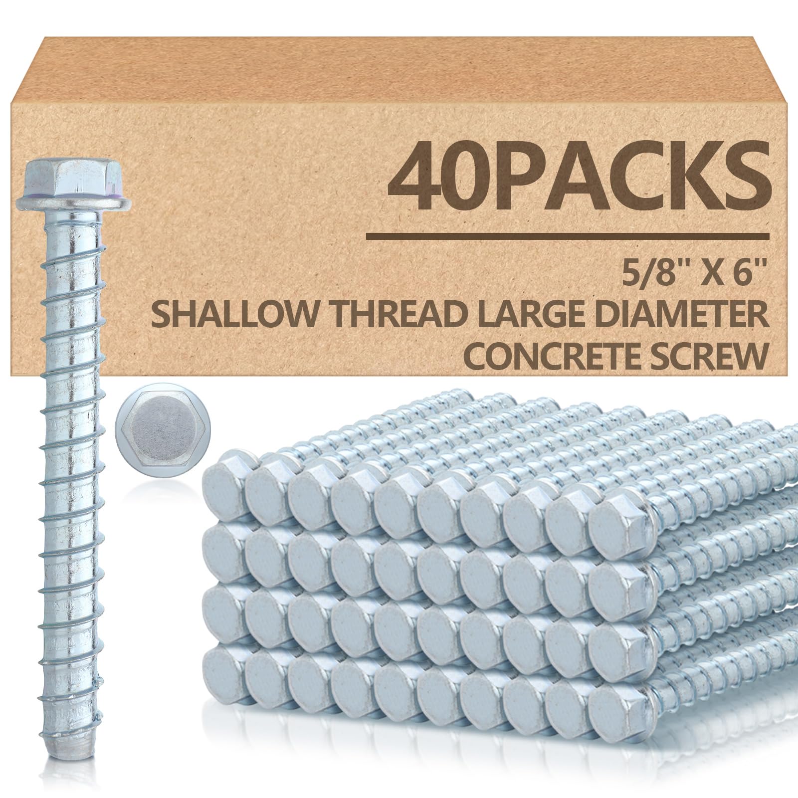 tandefio 40 pack 5/8" x 6" concrete screw anchors galvanized large diameter heavy duty plated concre