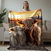 HUNXIAOJ Highland Cow Blanket Animal Sunset Scenery Flannel Throw for Women Queen Size Blanket Baby King Size for Kids Teenage Girl (49"x59")