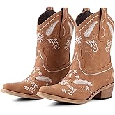 LingxiaUne Women's Cowboy Boots—Exquisitely Embroidered Western-Style Mid-Heel Boots for Women, Ankle Cowboy Boots For Women