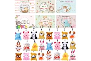 DINESIL 24 Pack Valentines Day Animal Plush Keychain with Valentines Cards, Stress Relief Plush Toy Animal Key Chain Set for Kids Valentine's Classroom Gift Exchange, School Rewards, Party Favors Supplies