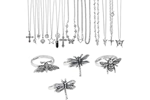 GuoShuang 19pcs Silver y2k necklace for women goth fairy grunge necklace alt cute y2k choker cross bufferfly heart angle jewelry set rings indie fairy grunge accessories