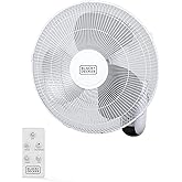 BLACK+DECKER 16" Wall Mount Fan With Remote Control, Oscillating With 3 Speed Settings and Shut Off Timer, Adjustable Tilt An