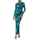 PRETTYGARDEN Womens Long Sleeve Maxi Dresses 2026 Spring Ruched Bodycon Floral Mesh Formal Wedding Guest Cocktail Party Dress