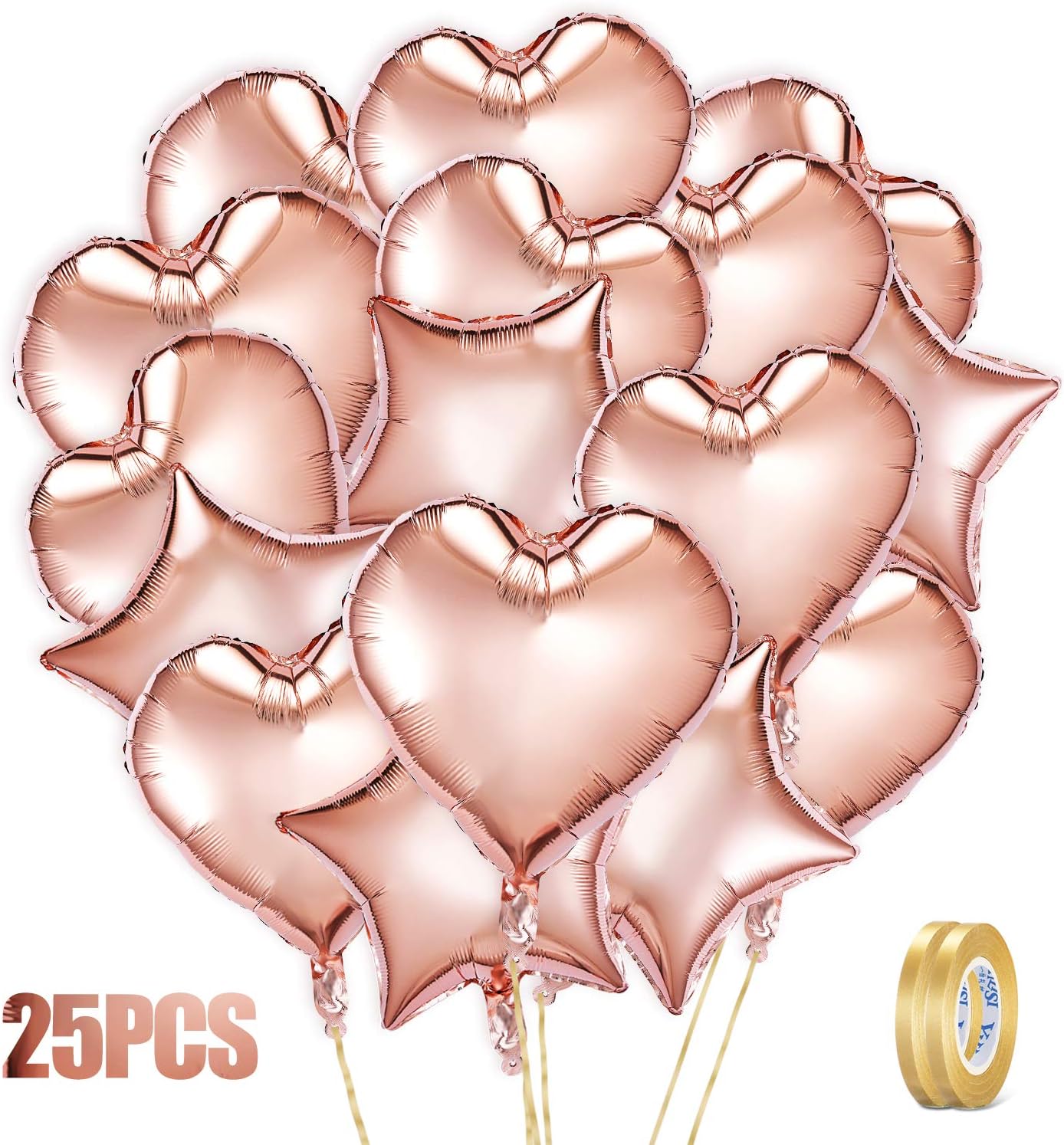 Crislove Rose Gold Balloons 25pcs, 18 Inch Heart & Star Foil Birthday Balloons with 2 Free Gold Ribbons, Birthday Decorations Balloons for Parties Valentine's Day Wedding Business Events (45*45cm)