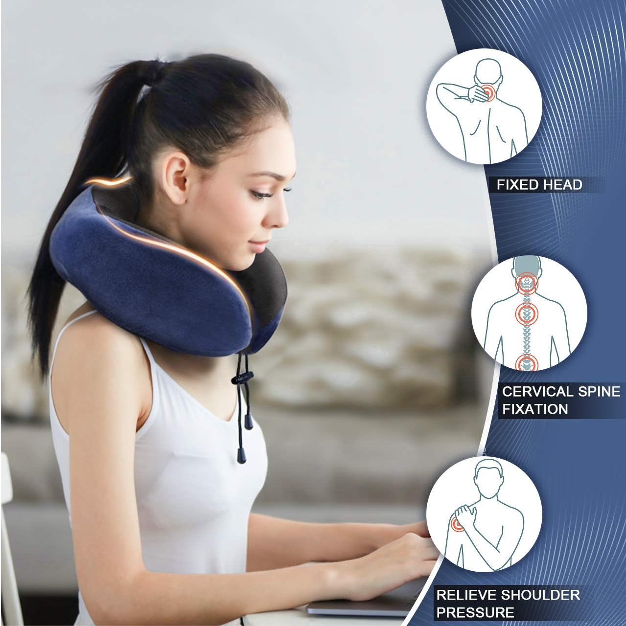 HOKEKI Travel Pillow 100% Pure Memory Foam Neck Pillow, Comfortable & Lightweight , Breathable and Improved Support Design, for Airplanes and Travel (Blue): Kitchen & Dining