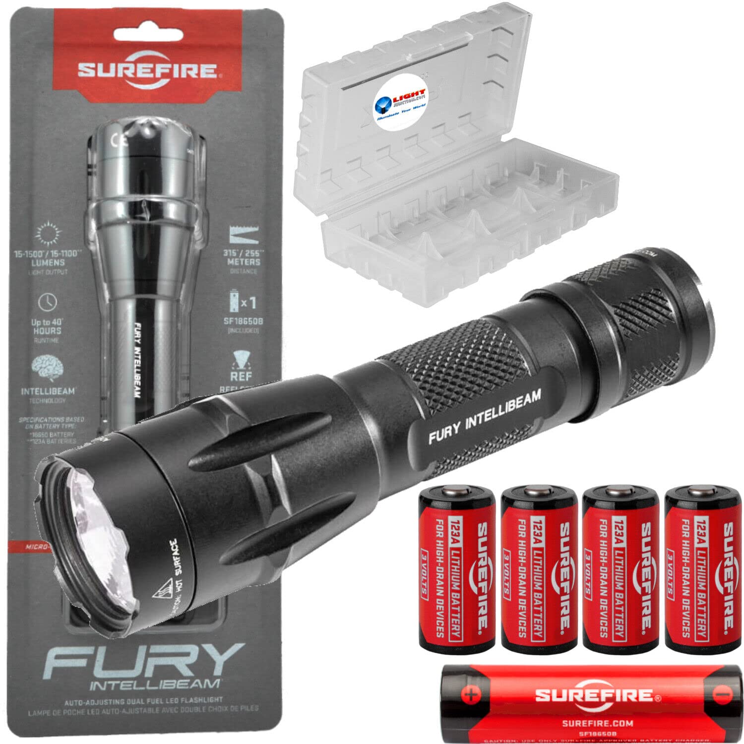 Photo 1 of Sure Fire Fury Intellibeam 1500 Lumen Duel Fuel Tactical Flashlight, Bundle with 4 Extra 123A Batteries and Lightjunction Battery Case