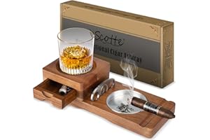 Scotte Ashtray Coaster Whiskey Glass Tray & Wooden Ash Tray with Cigar Cutter,Include Drawer and Cigar Slot Home Office Outdoor Great Cigar Accessories for Men