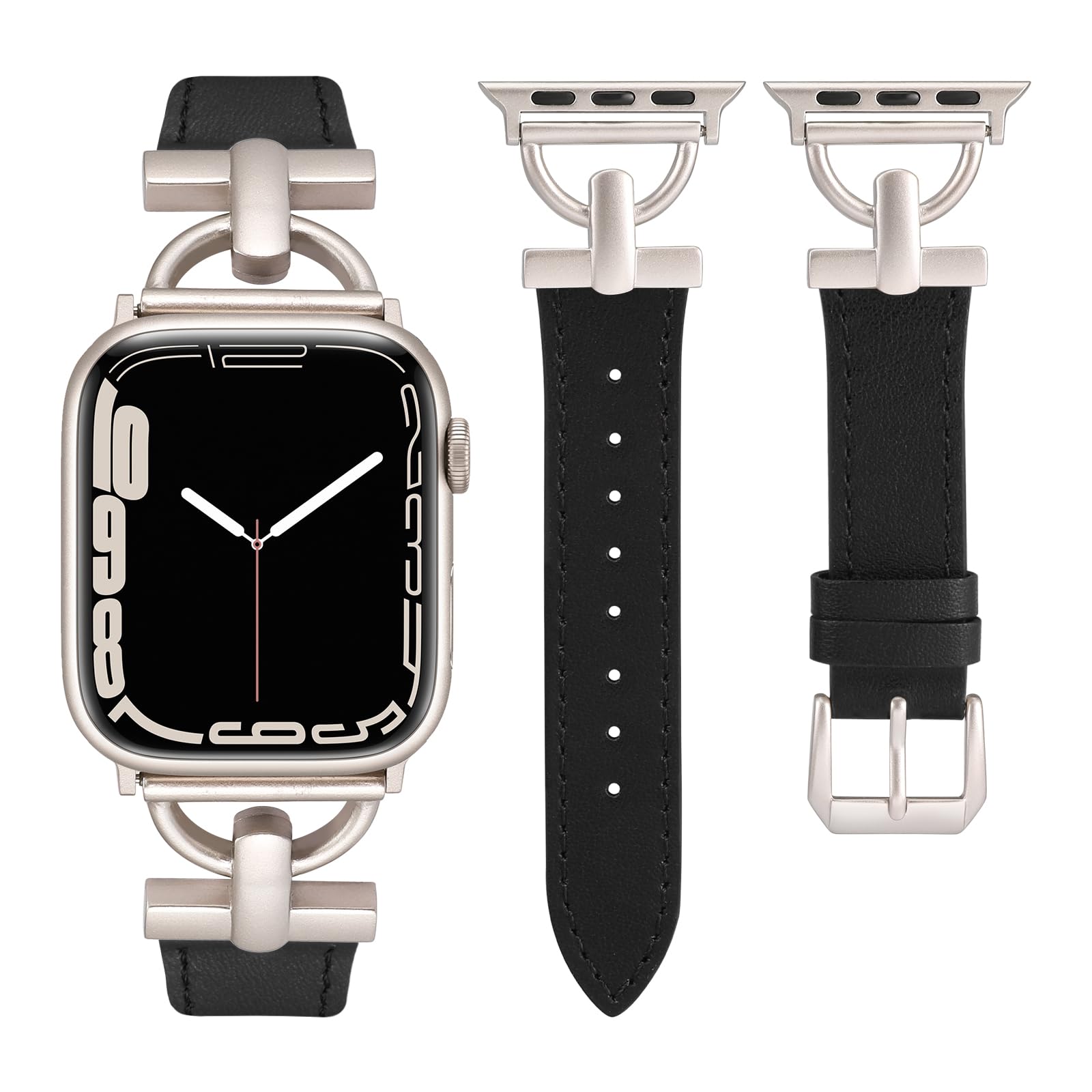 Wearlizer Leather Strap Compatible with Apple Watch Straps Women 38mm 40mm 41mm, Dressy Fancy Leather Strap with D-Shape Metal Buckle for iWatch Bands Series 9 8 SE 7 6 5 4 3 2 1 Black/Starlight