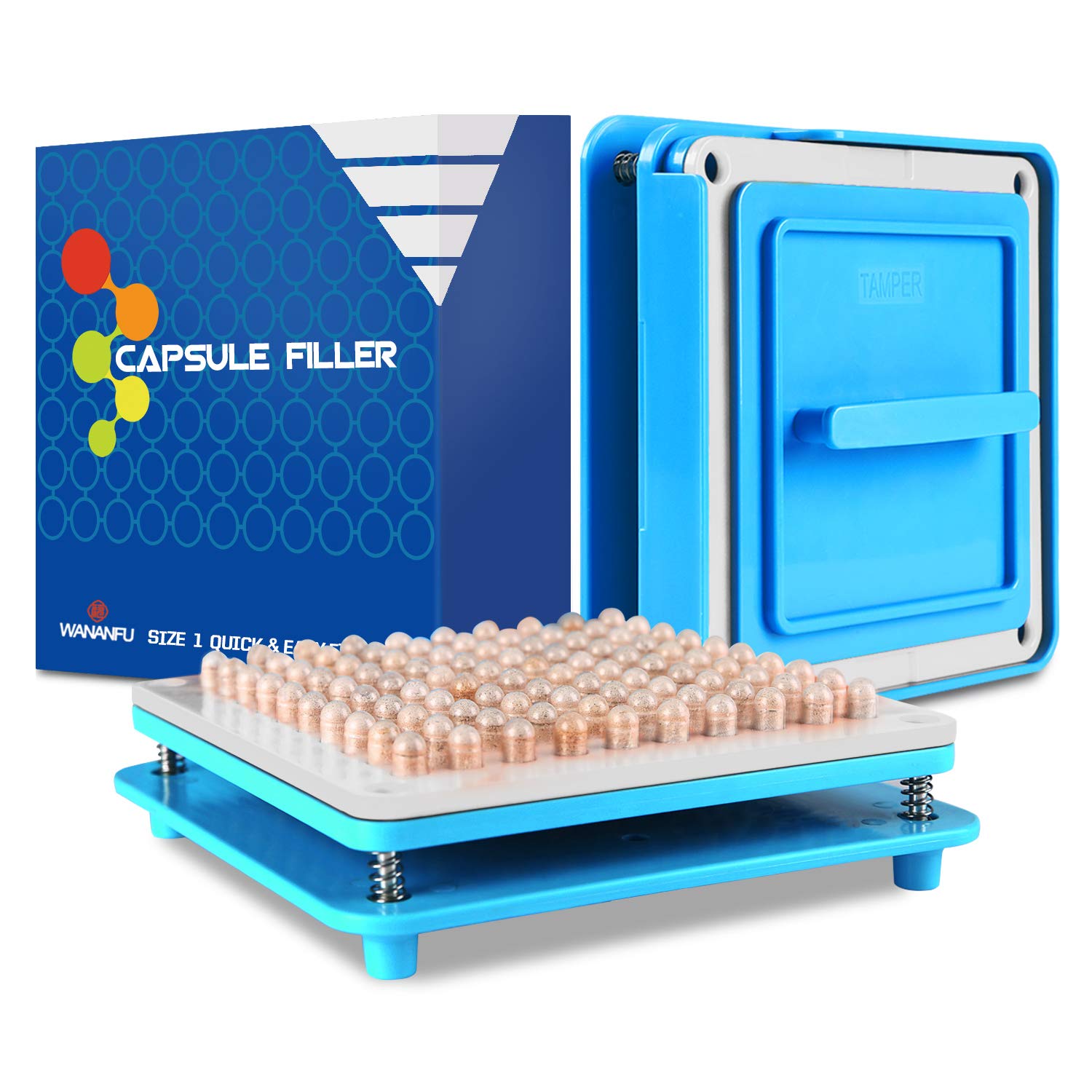 WANANFU Capsule Filling Machine for Size 1 Empty Capsules Vegetarian or Gelatin, Detailed Instructions and Spoon Included