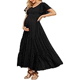 Swiss Dot Smocked Maternity Dress for Baby Shower Photoshoot Casual V Neck Ruffle Sleeve Empire Waist Tiered Boho Dress