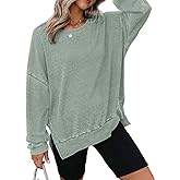 Dokotoo Sweatshirt for Women Oversized Waffle Knit Crewneck Sweatshirts Long Sleeve Side Slits Casual Pullover Tops