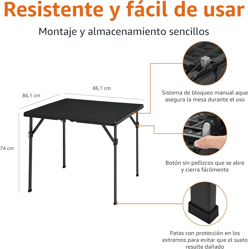 Mesa de comedor plegable cuadrada con asa de transporte, para interiores y exteriores, portátil, ligera, viaje, picnic, camping, negro, 86.1 x 86.1 x 74 cm — foto 2 de 6