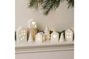 NEWTAY 8 Pcs Ceramic Christmas Village Houses Set 5 LED Light up White Ceramic Village Houses with 3 Xmas Trees Xmas Figurines for Farmhouse Rustic Indoor Home Mantel Table DIY Display Holiday Decorations