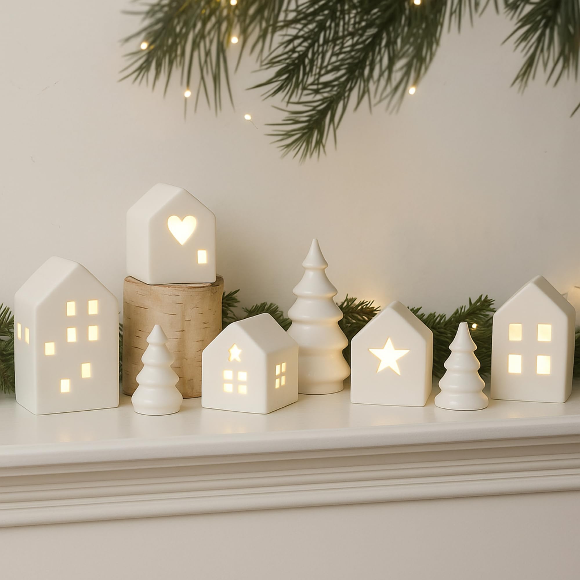 Photo 1 of 8 Pcs Ceramic Christmas Village Houses Set 5 LED Light up White Ceramic Village Houses with 3 Xmas Trees Xmas Figurines for Farmhouse Rustic Indoor Home Mantel Table DIY Display Holiday Decorations