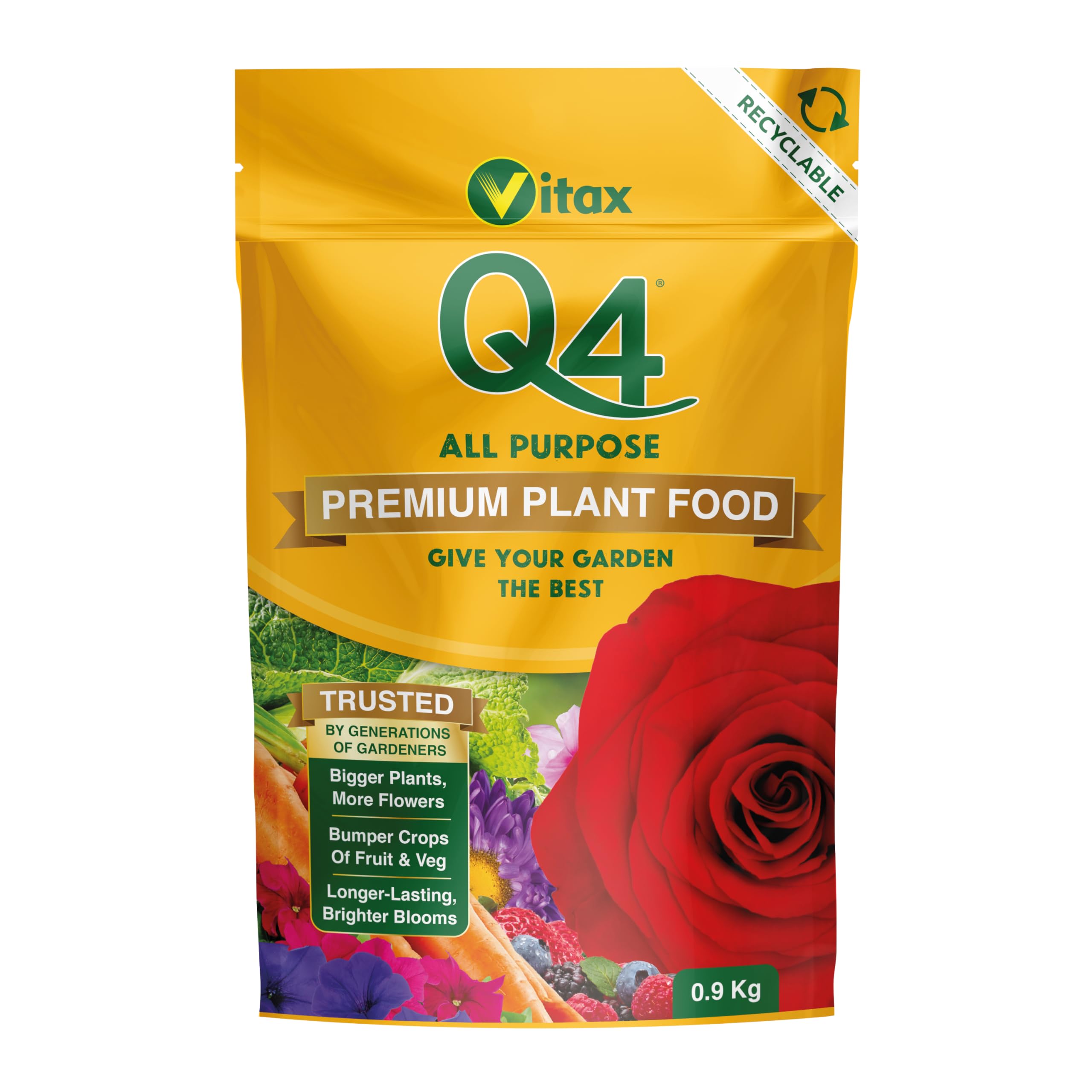 Vitax Q4 All Purpose Plant Food, Fertiliser Enriched With Organic Nutrients, More Flowers, Bigger Yields, Slow Release - 0.9Kg Pouch