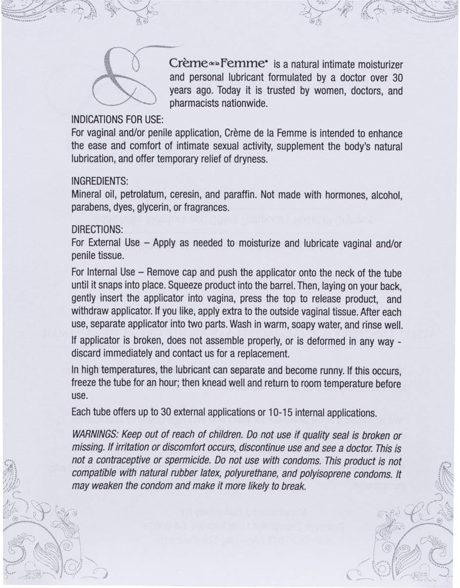 Crème De La Femme 1-Pack, Vaginal Dryness Cream Created by a Woman Doctor, Natural Menopause Dryness Remedy, Feminine Moisturizer and Lubricant, Free Applicator Included: Health & Personal Care