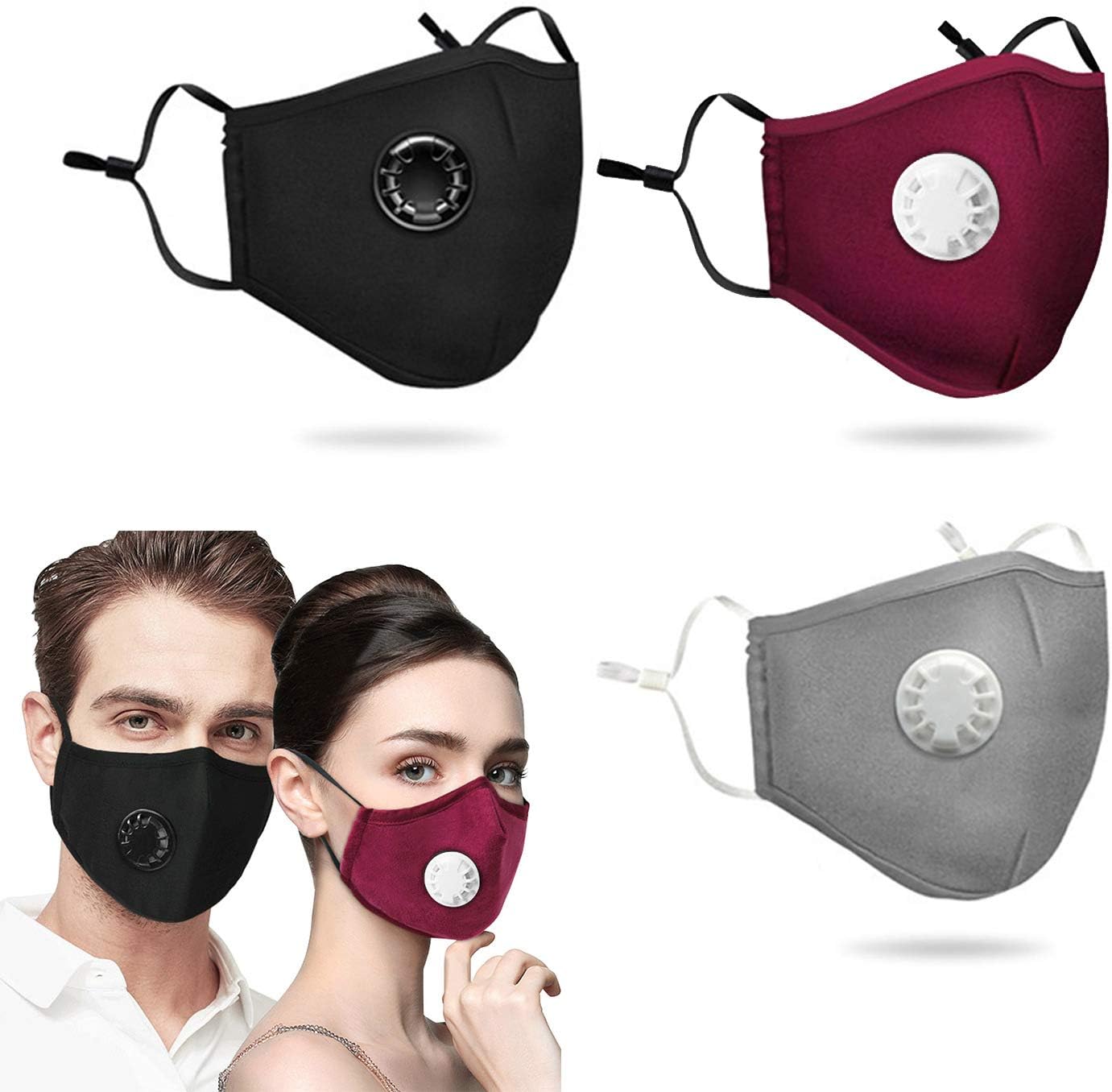 Bainuojia Anti-Dust Mask Washable PM2.5 Masks, Windproof Motorcycle Face Masks -Reusable Washable Respirator Breathing Mask (Black + Grey + Red, 6 Filters)