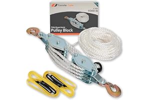 Favorite-Trade Poly Rope Hoist Pulley Block, 4000 LB 2 Ton 65 Feet of 3/8 “, 7:1 Lifting Power, Pulley Hoist For Lift Furniture, Motorcycles, Bicycles (Pulley Block with 2 Straps)