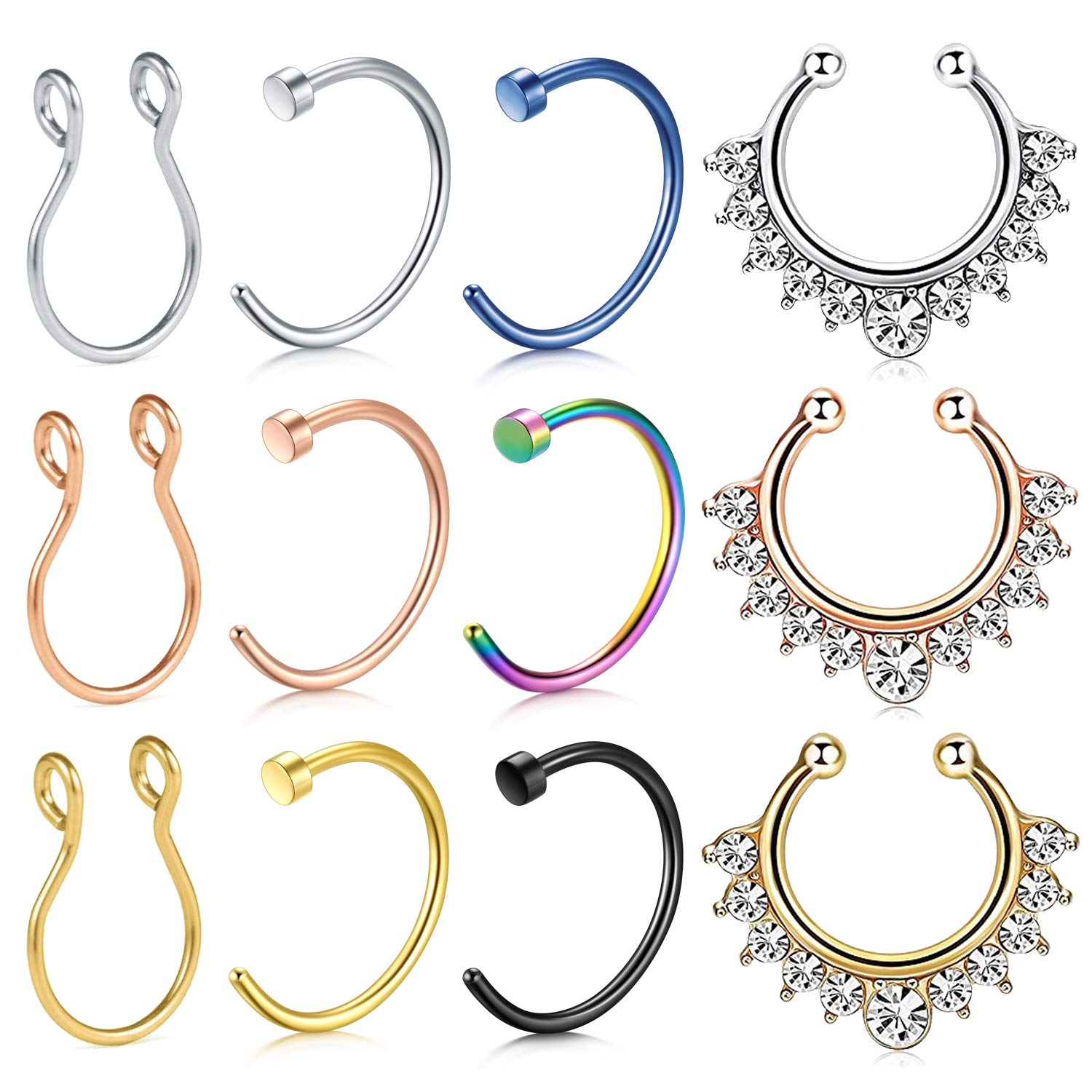 AceFun 14PCS Stainless Steel Fake Nose Rings Fake Suptum Ring Set for Men Wome Non Piercing Cartilage Earrings Faux Body Piercing Jewelry Nose Cuff