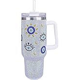 Cupcupmore 40 oz Mermaid Evil Eye Bling Rhinestone Stainless Steel Tumbler Glitter Vacuum Insulated Water Bottle with Straw & Lid &Handle,Sparkle Car Cup Holder,Keeps Cold 12 Hours Drinks,Coffee