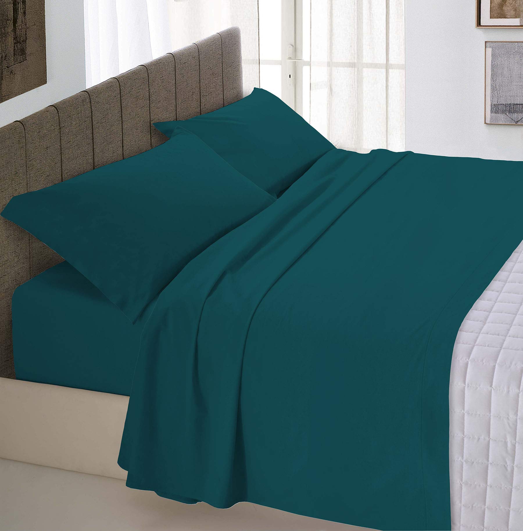 Italian Bed Linen Max Color Bed linen set (flat 250x300, fitted sheet 170x200cm+2 pillowcases 52x82cm), petrol green, Cotton, DOUBLE