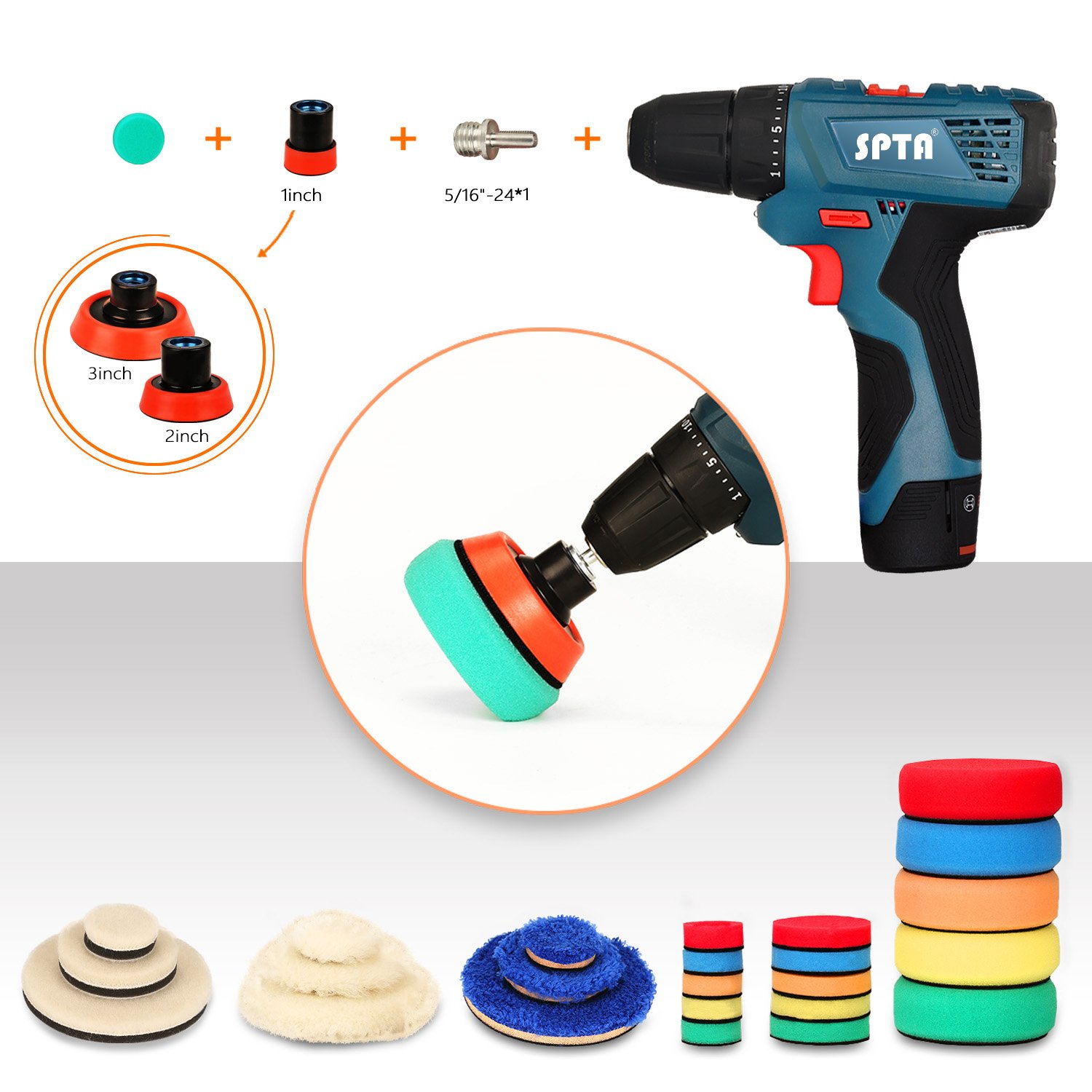 SPTA 29pcs Drill Buffing Pad Detail Polishing Pad Mix Size Kit with 5/8
