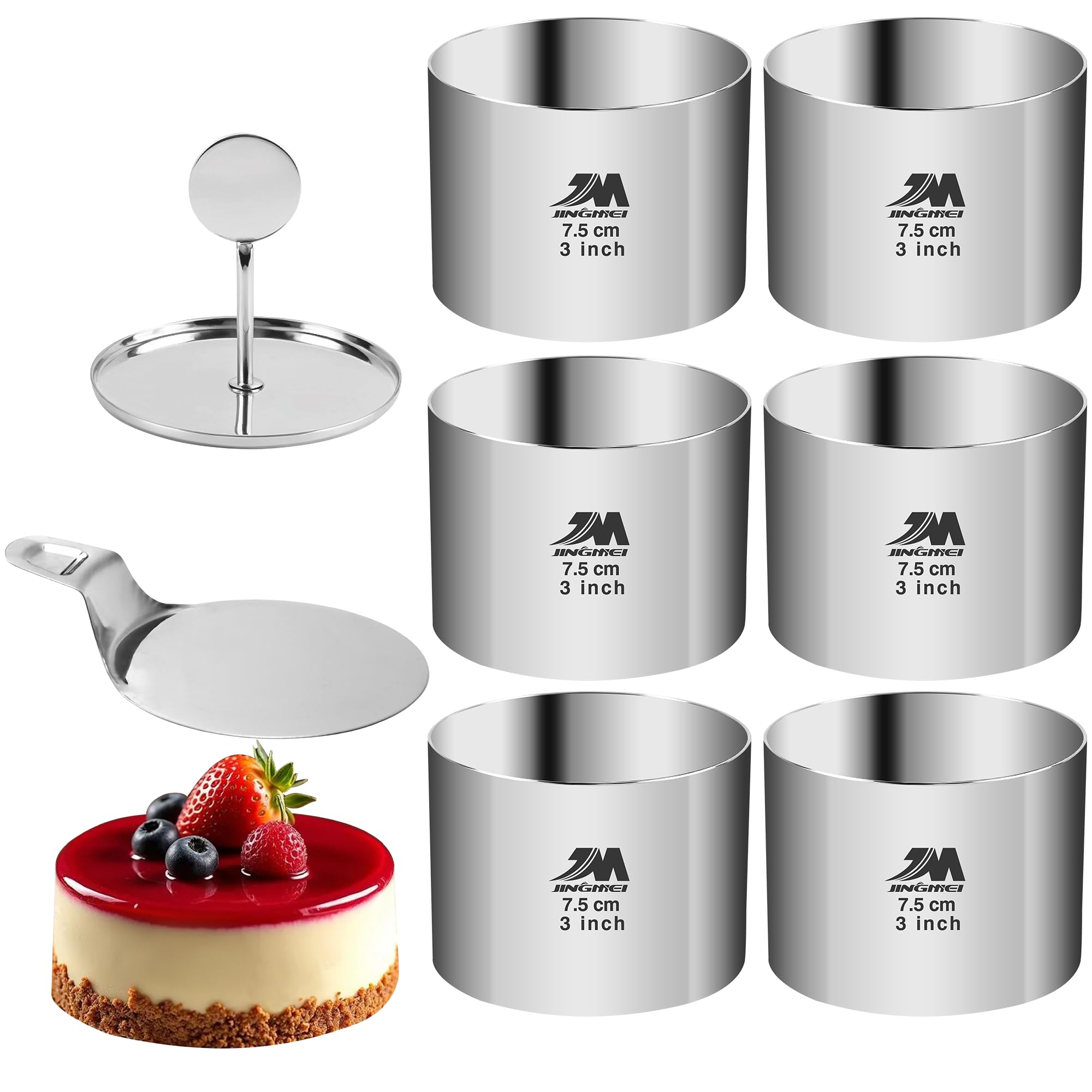 Photo 1 of **MISSING ONE**M JINGMEI 6 Pack Round Cake Ring Molds, Seamless Stainless Steel Cake Cutter with Pusher & Lifter, 3-Inch Dessert Mousse Rings for Baking (Includes 1 Pusher, 1 Lifter and 6 Rings)