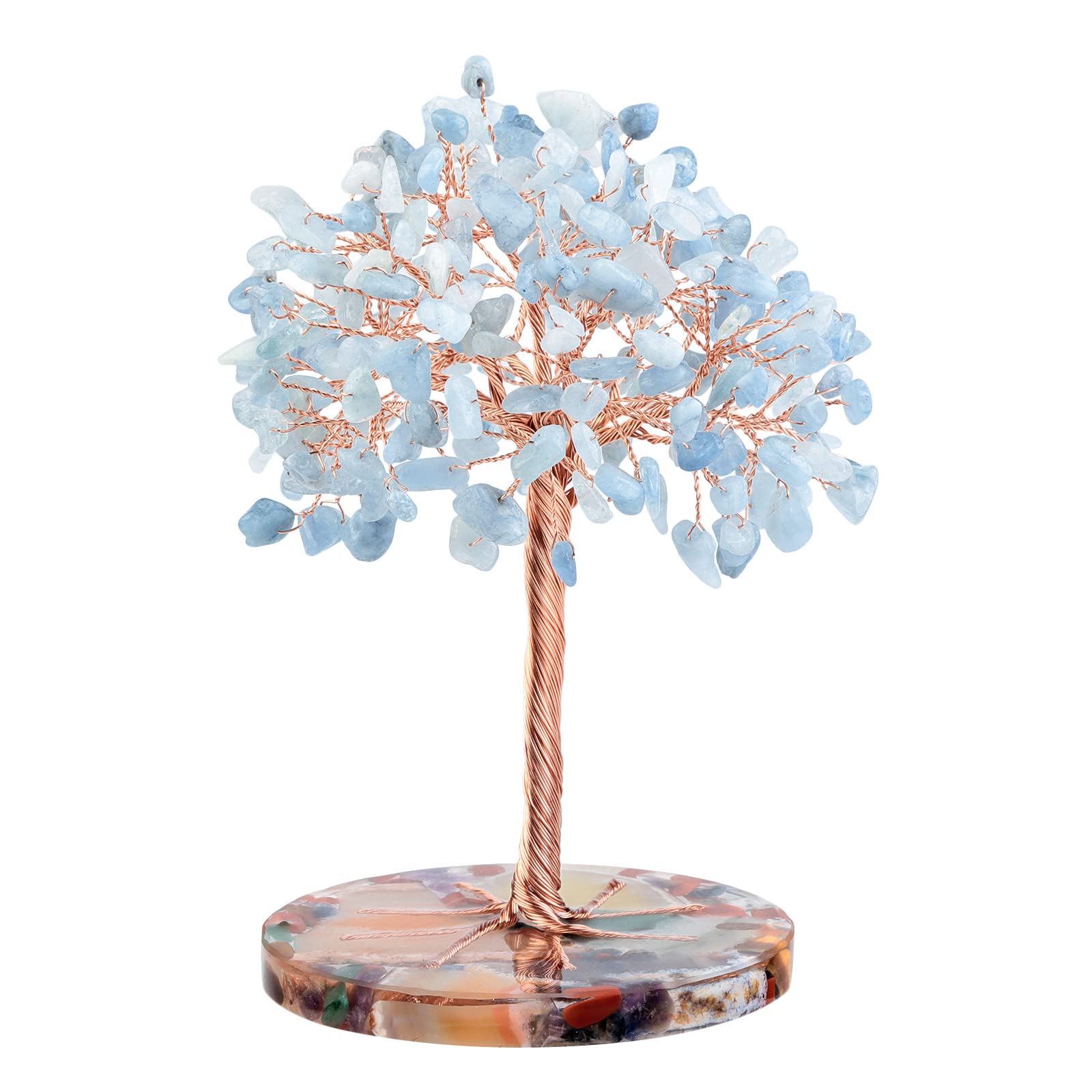 Nupuyai Aquamarine Crystal Money Tree with Agate Slice Base, Energy Healing Stone Tree Good Luck Fengshui Spiritual Ornament Home Office Decor