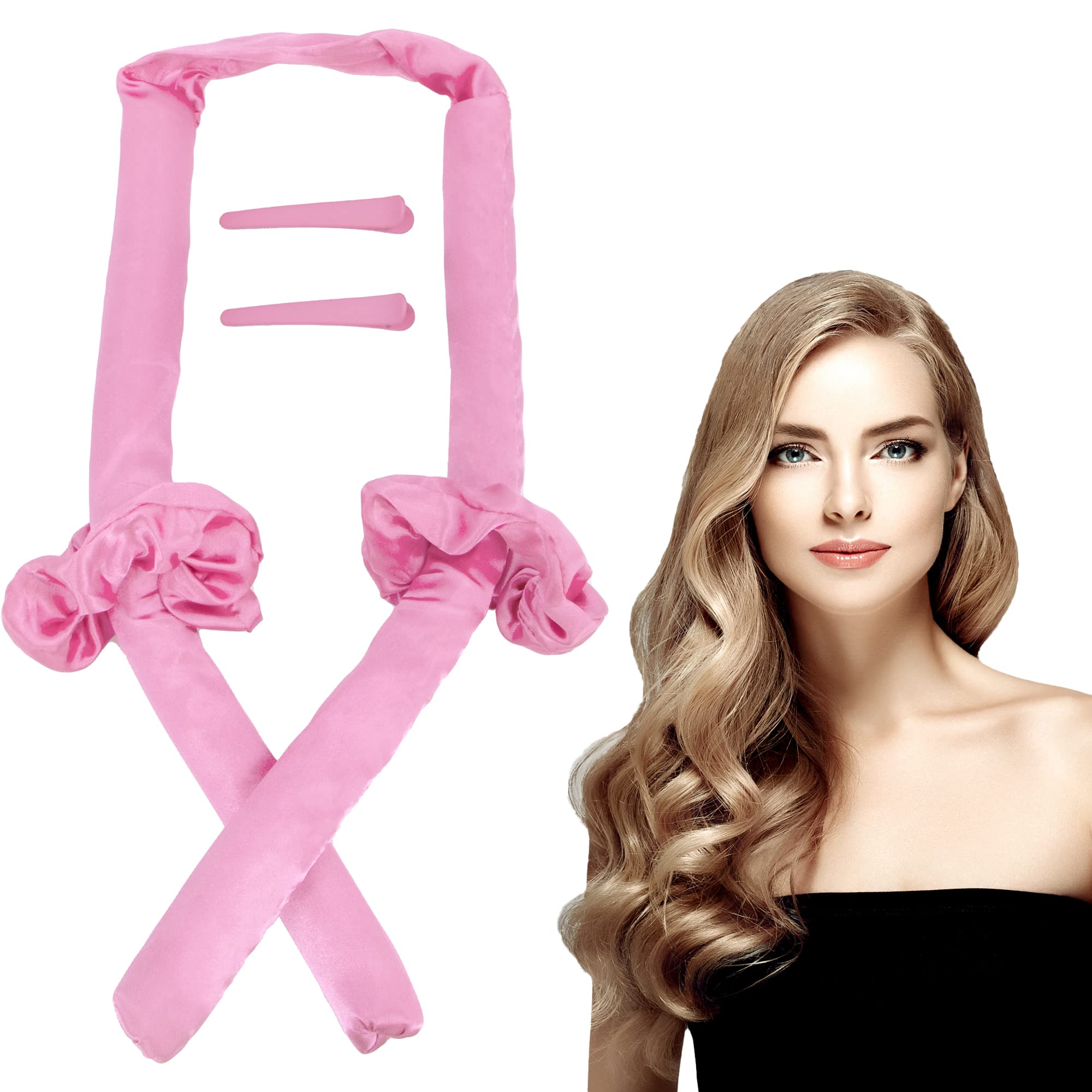 Time to Sparkle 1 SET New Hair Curlers With two ties and two duckbill clips to Sleep In Naturally and No Damage Heatless Curler for Long and Medium Pink