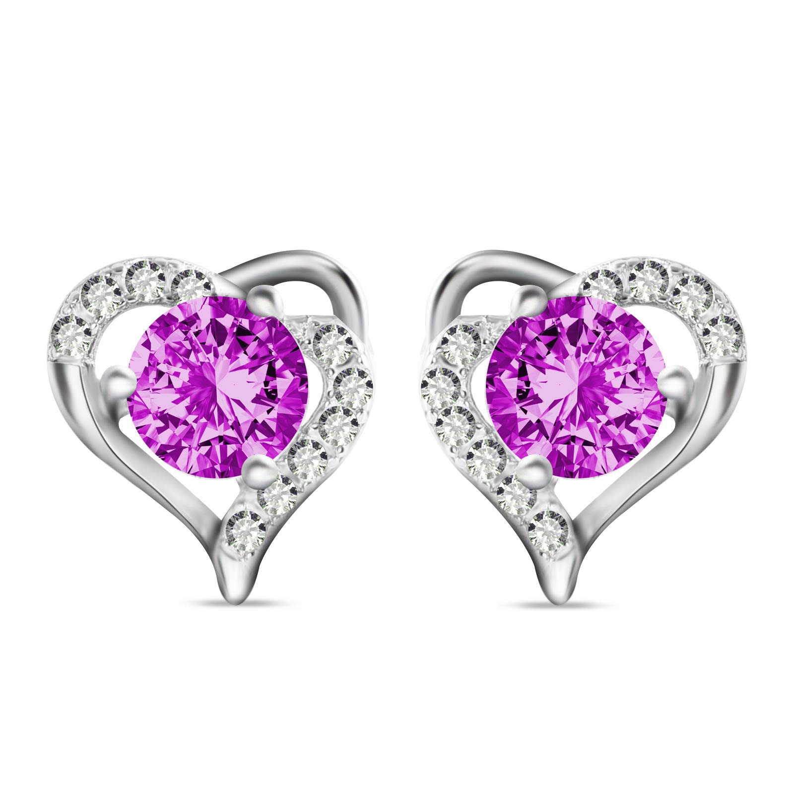 925 Sterling Silver Earrings For Women, Silver Stud Earrings, Perfect Heart Shape, Elegant Gift Box Packaging For Grlfriend Mum Sisiter Birthday Christmas Presents (Purple)