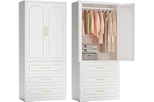 Polup Armoire Wardrobe Closet with Three Drawers, 71" Tall Large Wardrobe Cabinet with Hanging Rod, Clothing Metal Storage Cabinet with Doors and Shelves for Bedroom, White, Assemble Required