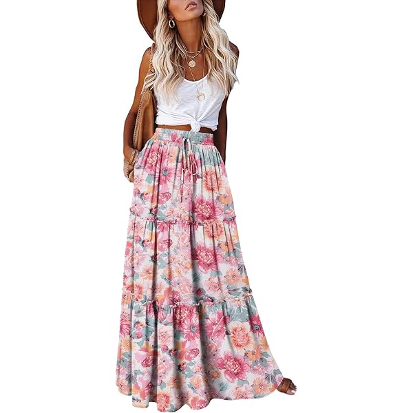 2024 Holiday White Embroidery Flower Spliced Lace Elastic Waist Ankle Length Long Skirt Women Ruched Swing A-lined Skirts Boho