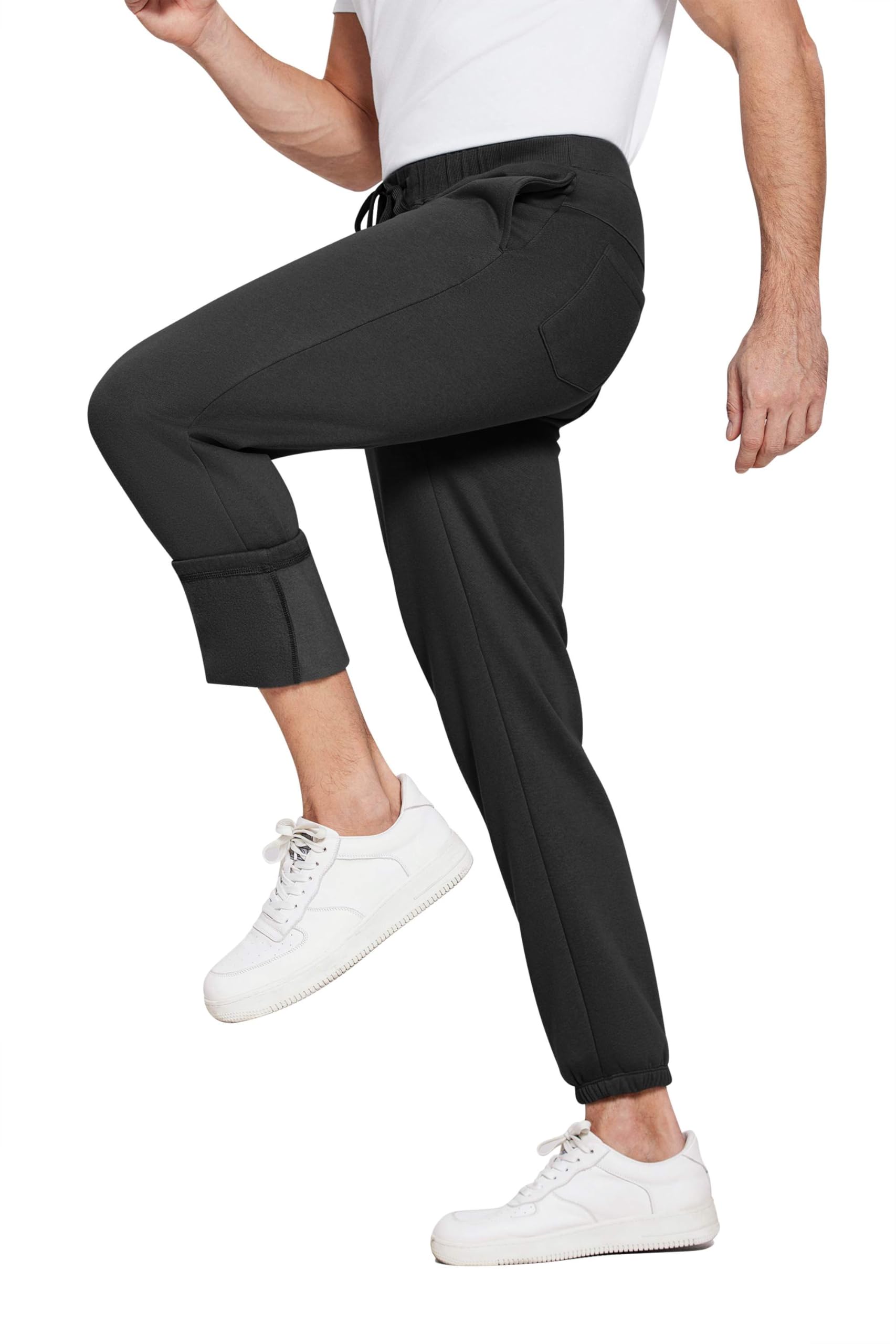 PINSPARK Men's Fleece Cotton Cuffed Sweatpants Elastic Waist Joggers Pants with Drawstring Heavyweight Warm Sweat Pants Black