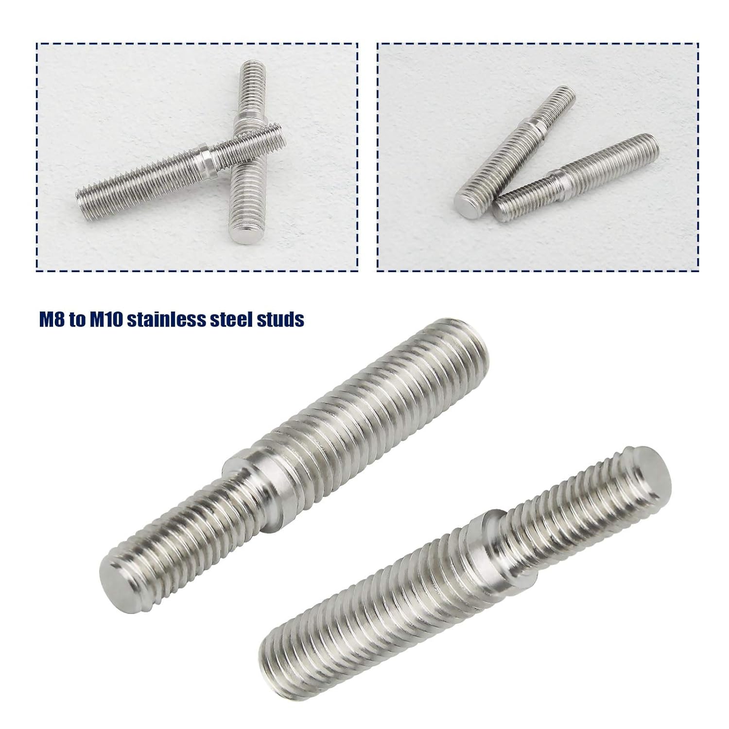 2Pcs Double End Threaded Stud Bolts M8 to M10 55mm 304 Stainless Steel Thread Adapter for