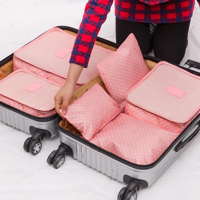 Caja de almacenamiento de lujo, organizador de almacenamiento plegable, juego de 6 piezas, para mujeres, hombres, viajes, bolsa de almacenamiento de lunares, bolsa de equipaje, ropa organizadora portátil, rosa