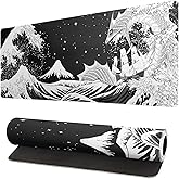 Black and White Japanese Wave Dragon Gaming Mouse Pad - Abstract Mat with Non-Slip Rubber Base, 31.5x11.8 Inch, Stitched Edges - Desk Pad for Office and Home