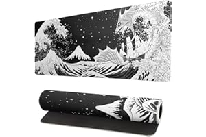 SISKI Black and White Japanese Wave Dragon Gaming Mouse Pad - Abstract Mat with Non-Slip Rubber Base, 31.5x11.8 Inch, Stitched Edges - Desk Pad for Office and Home